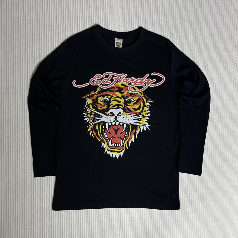 Ed Hardy Shirt Youth Boys 10-12 Black Tiger Graphic Long Sleeve Tee Tattoo